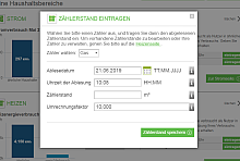 Zählerstand eingeben: Screenshot aus dem Energiesparkonto mit Formular zum Eingeben von Zähler, Datum, Uhrzeit, Zählerstand und Umrechnungsfaktor